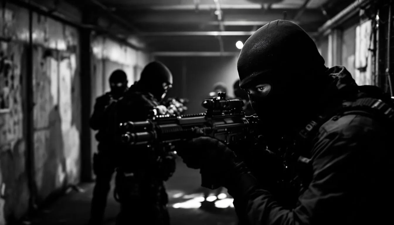 A training session at a security academy with armed security officers in training